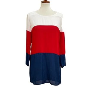Boutique Pink Owl Color Block, Red+Blue+White Shift Dress, Size Small